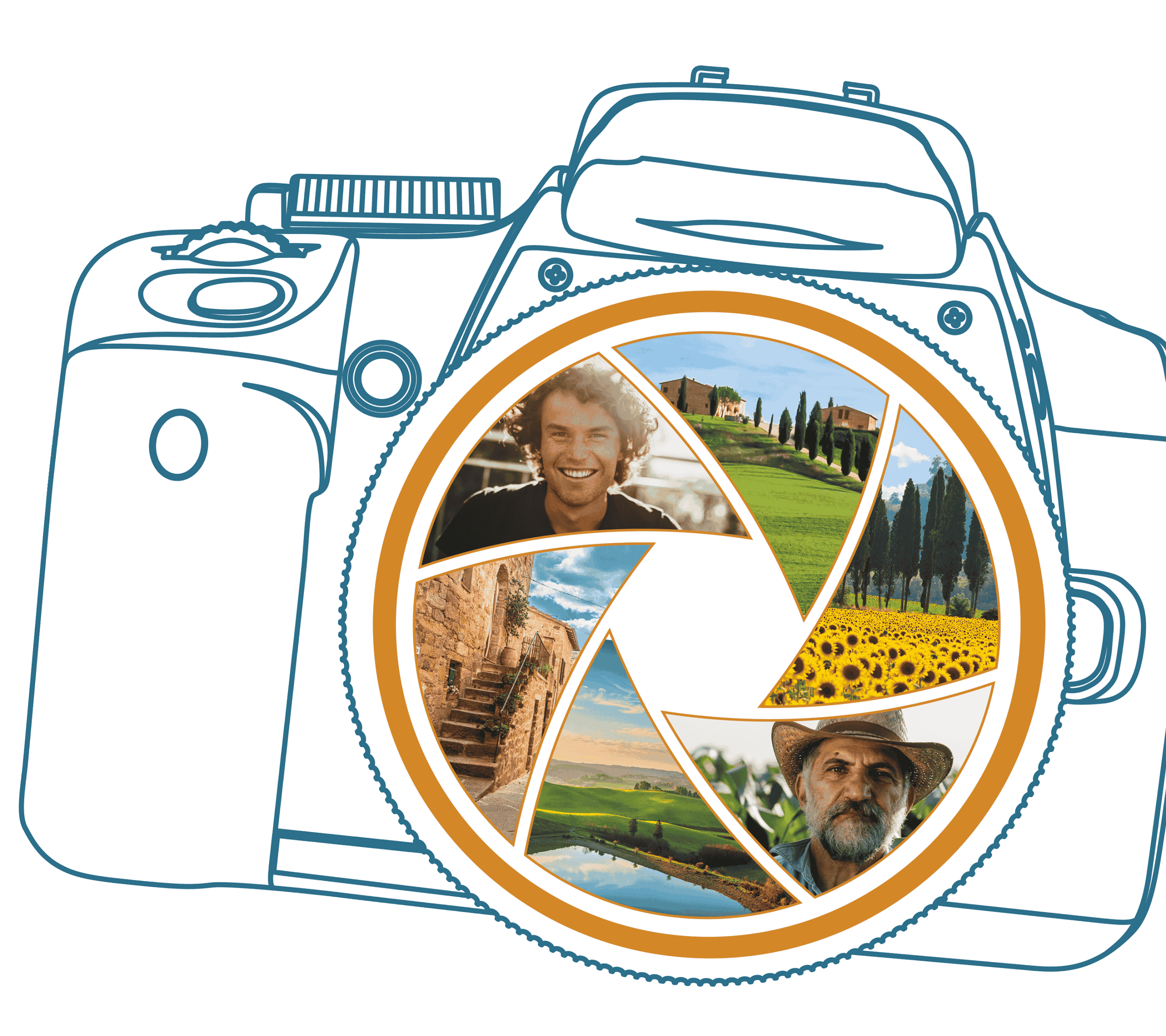 Stilizzazione grafica di una fotocamera dove all&#039;interno dell&#039;obiettivo sono visibili diverse immagini per presentare il 1° Concorso CambiArti di Banca Cambiano